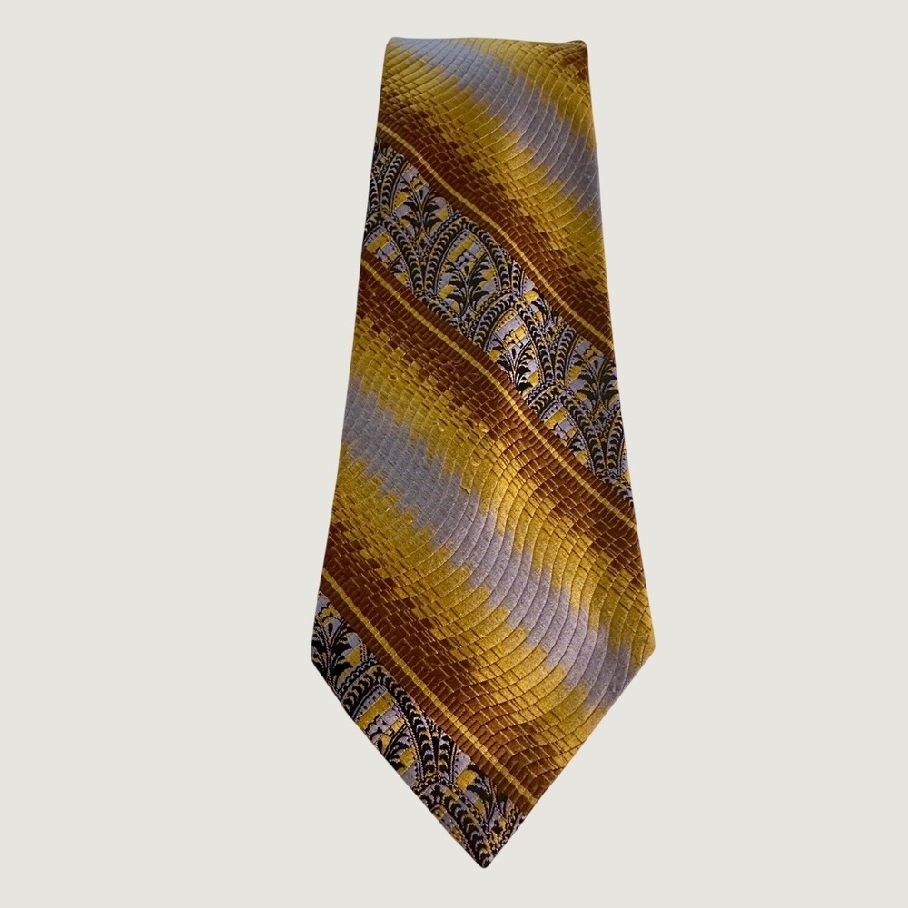 Vintage Don Loper of California Tie Yellow Brown Grey Geometric Filigree Retro